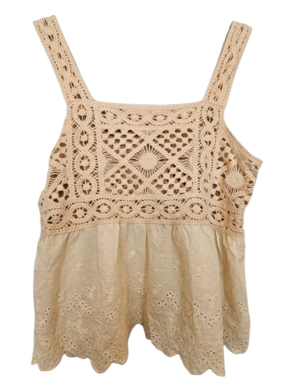 Kontrol Crochet Eyelet Ercu Tan Bohemian Cream Tank Top Size L